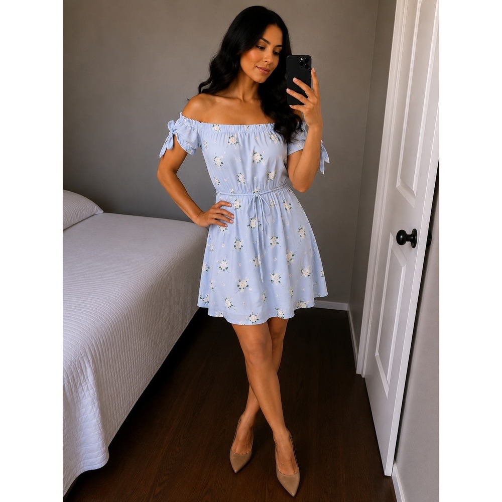 NWT No Boundaries Women LG Pale Blue White Floral Off Shoulder Tie Waist Dress